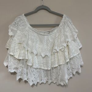 Anthropologie Champagne & Strawberry Ruffled Layered Lace Off Shoulder Top